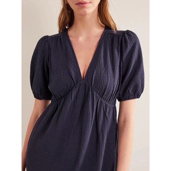 BODEN Navy Blue Jersey Seersucker Puff Sleeve V-Neck Cotton Midi Dress - Picture 3 of 11